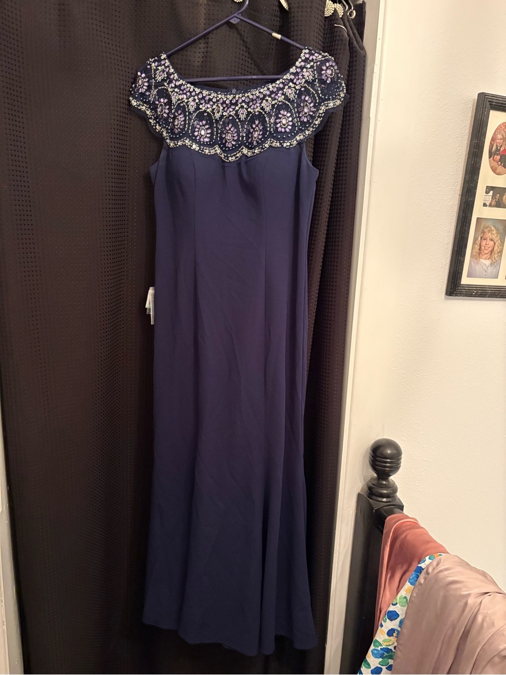 Beaded Navy Maxi Dress with Embellished Neckline